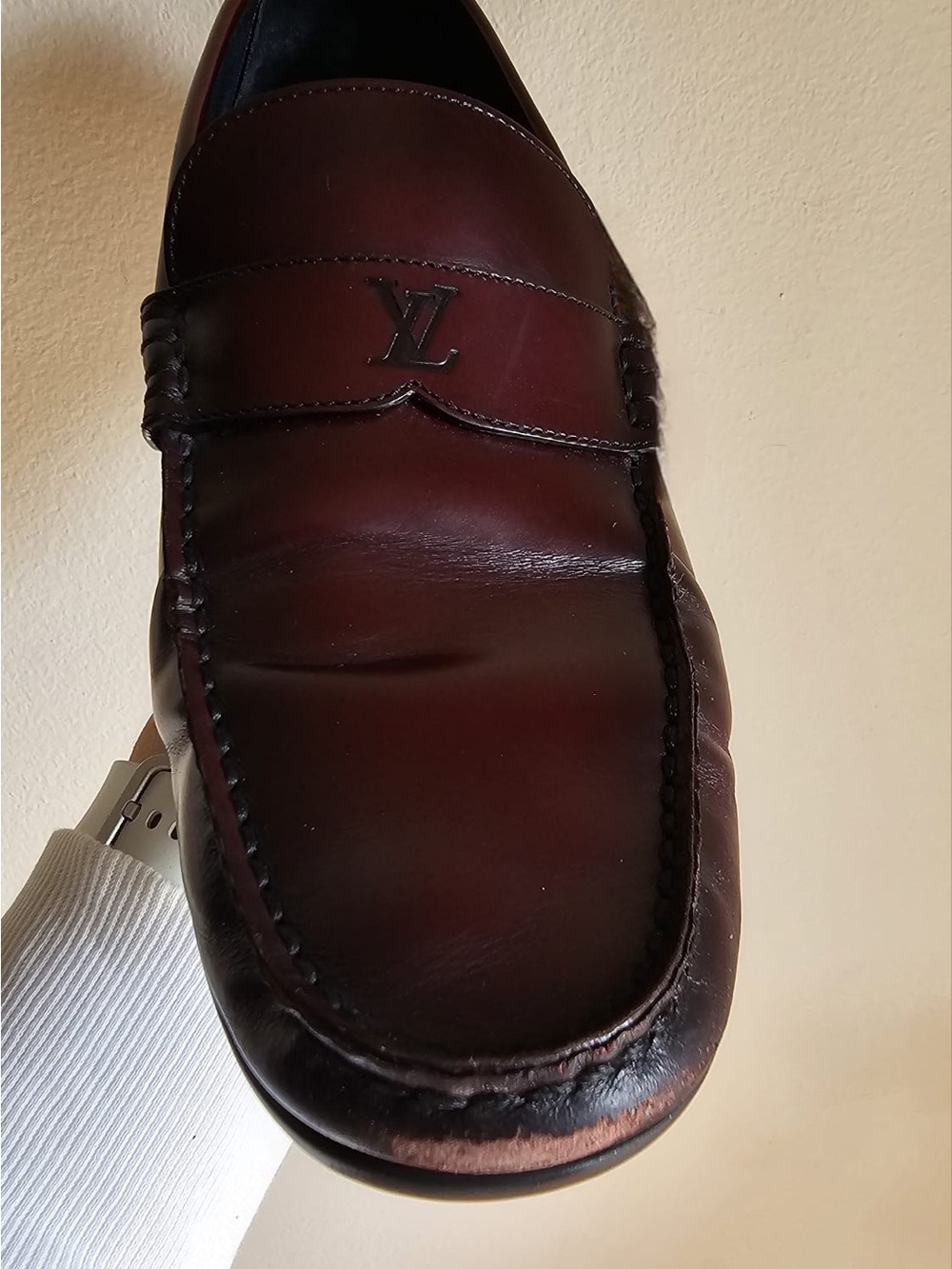 Louis Vuitton Men's Burgundy Leather Penny Loafers with LV Logo - Picture 9 of 10